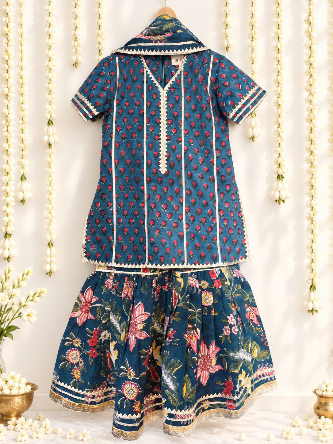 Kids teal blue handblock printed cotton gharara set