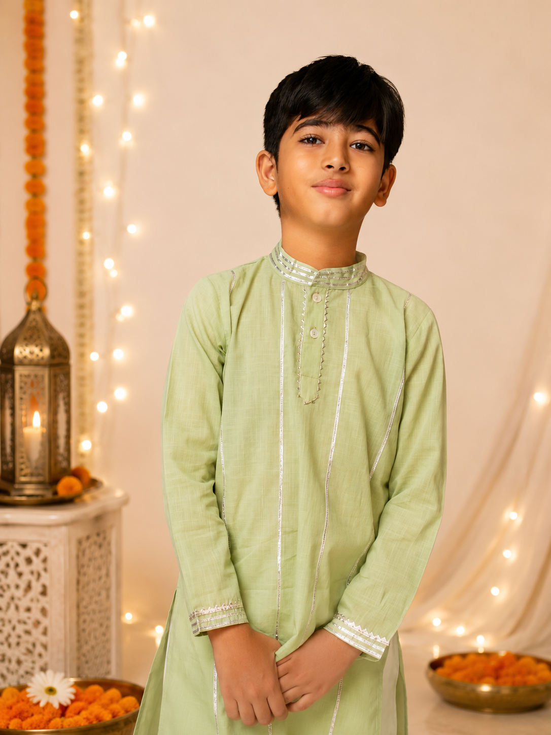 Kids green gota work cotton kurta with pyjama