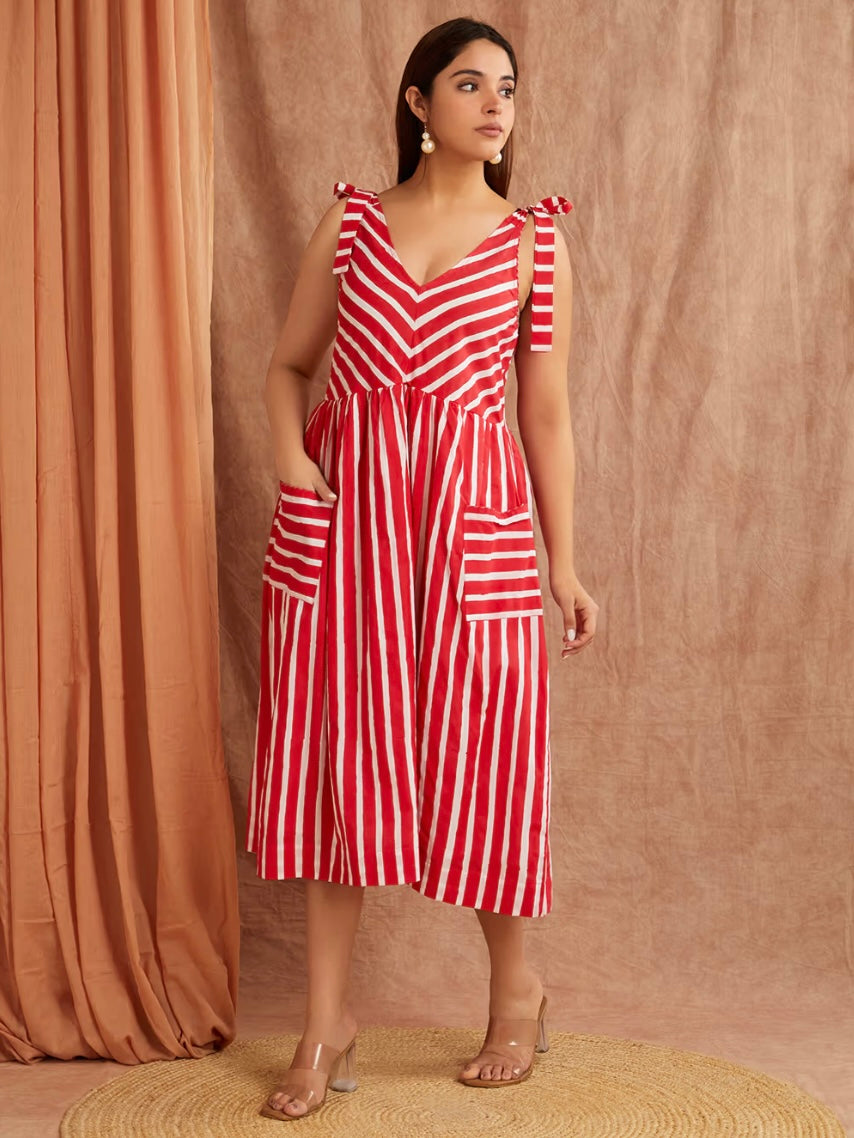 Scarlett Red Striped Hand Block Printed Cotton Dress