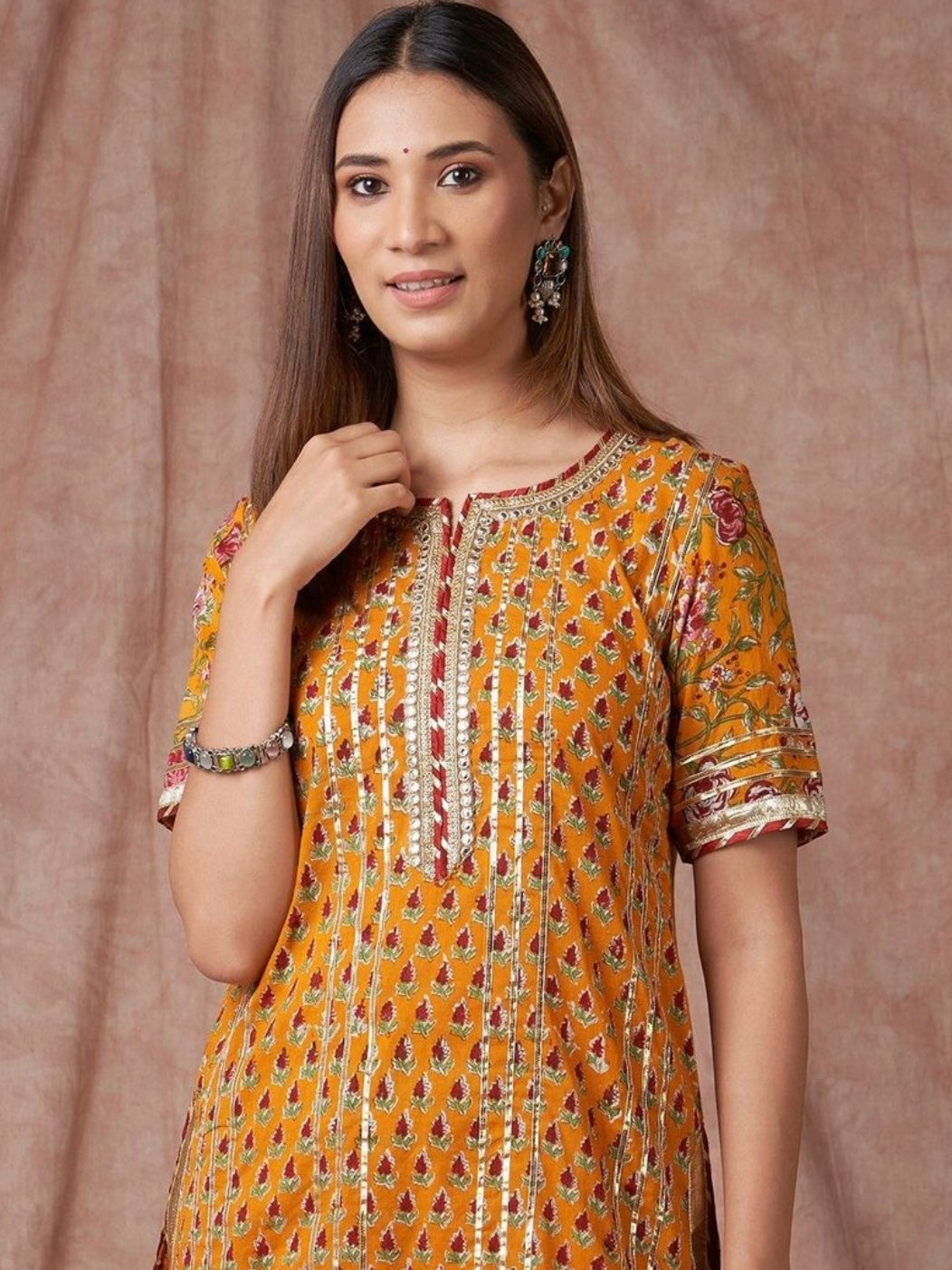 Yellow hand block print mulmul kurta set with gota work