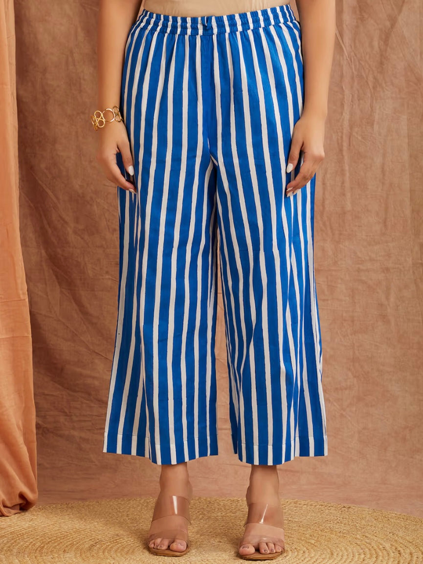 Lapis Blue Stripe Hand Block Printed Cotton Kaftan with Pants