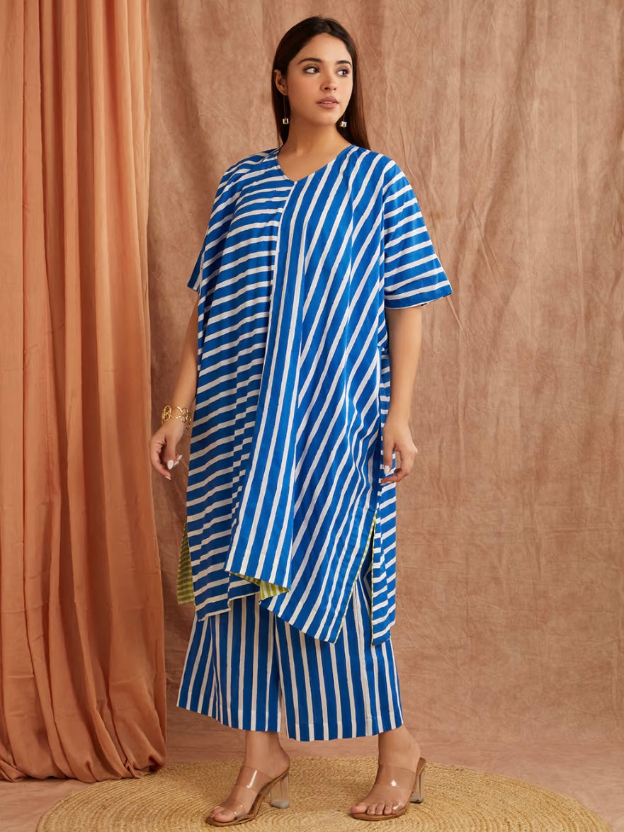 Lapis Blue Stripe Hand Block Printed Cotton Kaftan with Pants