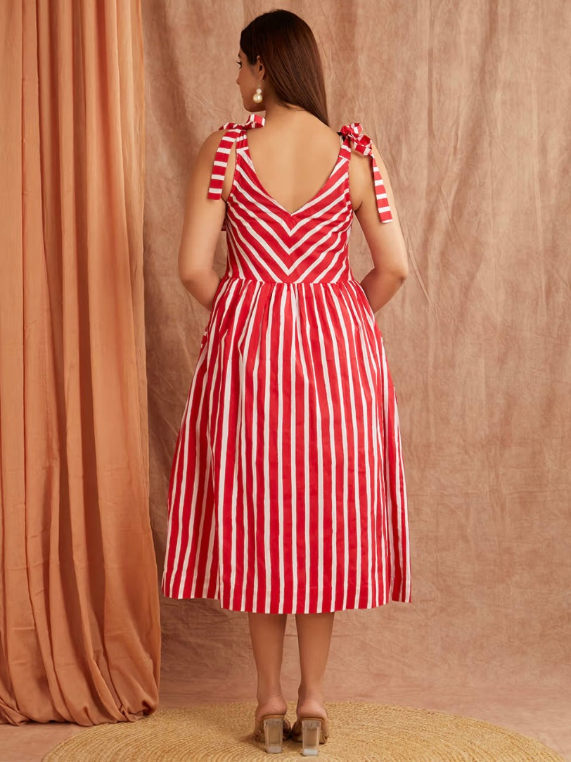Scarlett Red Striped Hand Block Printed Cotton Dress