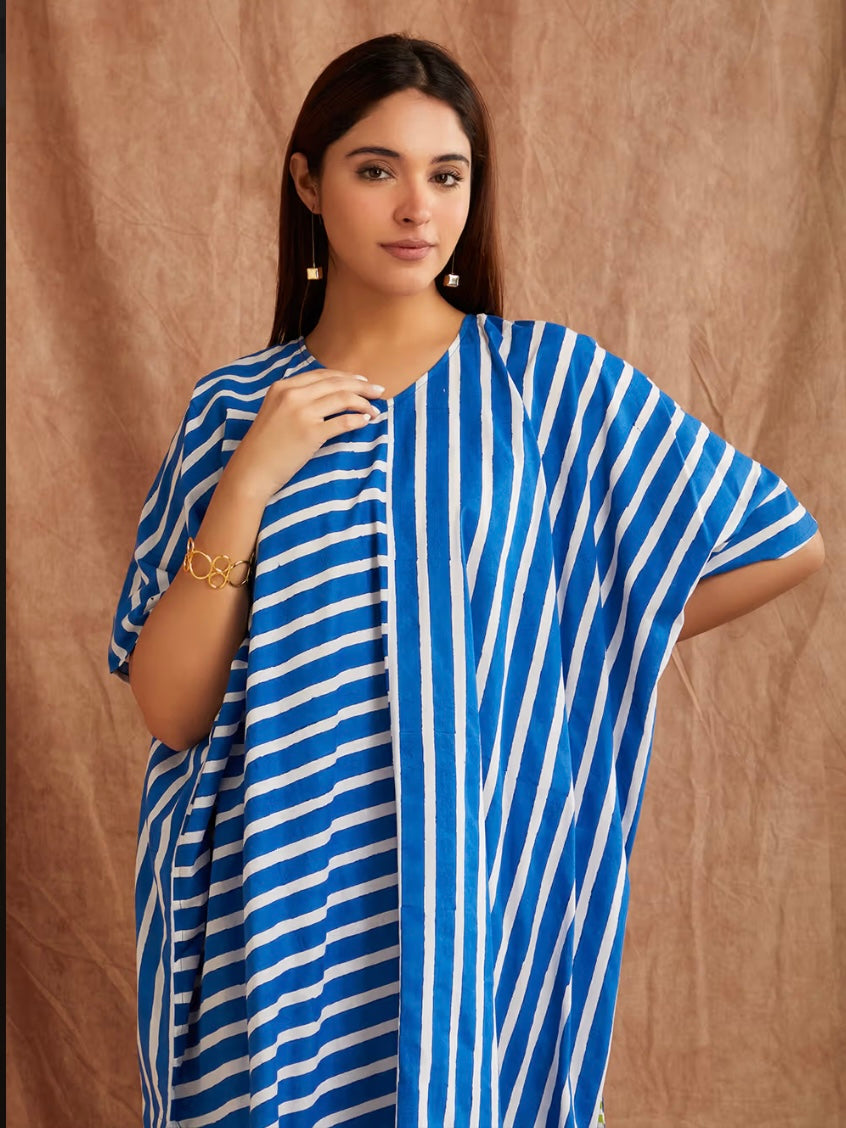 Lapis Blue Stripe Hand Block Printed Cotton Kaftan with Pants