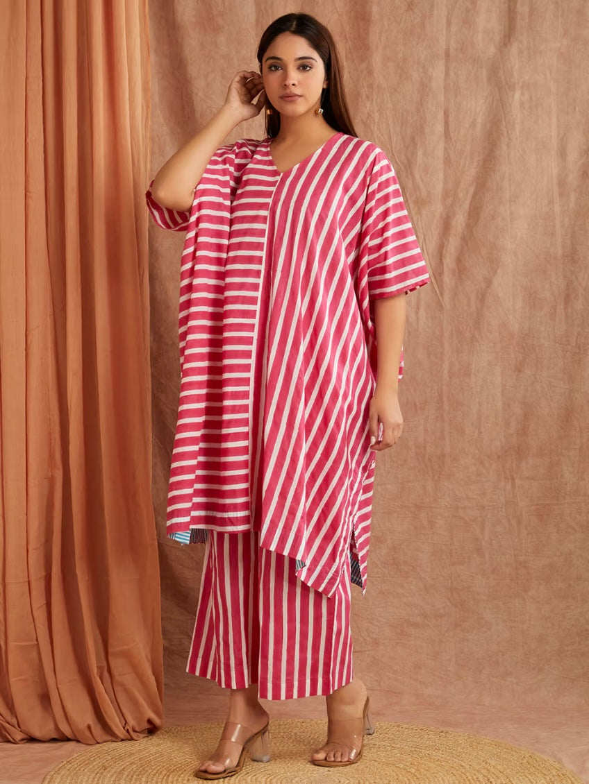 Ruby Pink Stripe Hand Block Printed Cotton Kaftan with Pants