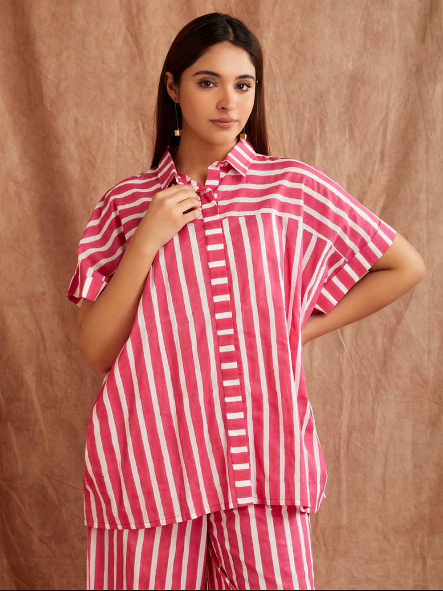 Ruby Pink Striped Hand Block Printed Cotton Co-ord Set