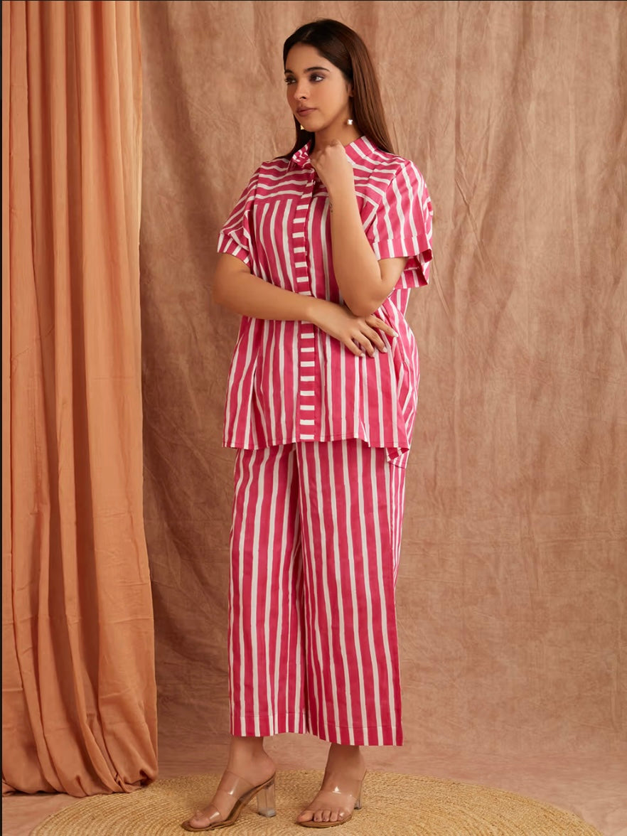 Ruby Pink Striped Hand Block Printed Cotton Co-ord Set