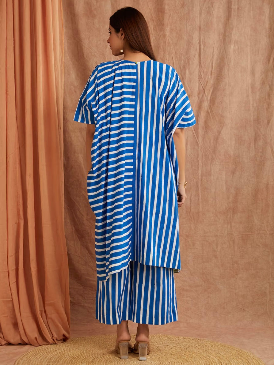 Lapis Blue Stripe Hand Block Printed Cotton Kaftan with Pants