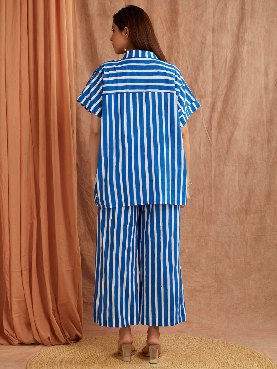 Lapis Blue Striped Hand Block Printed Cotton Co-ord Set