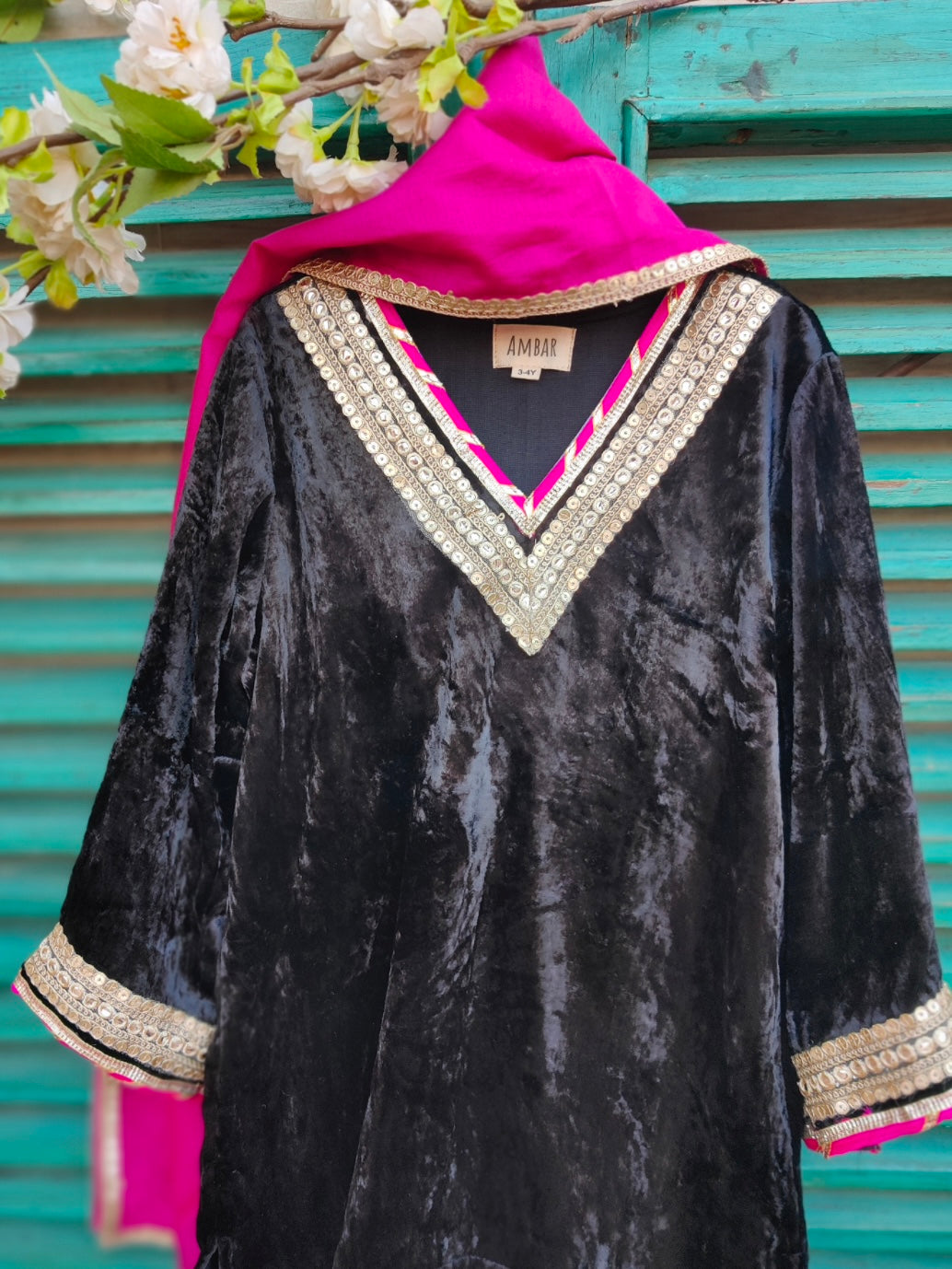 Kids Black velvet gota work suit set with pink chanderi dupatta