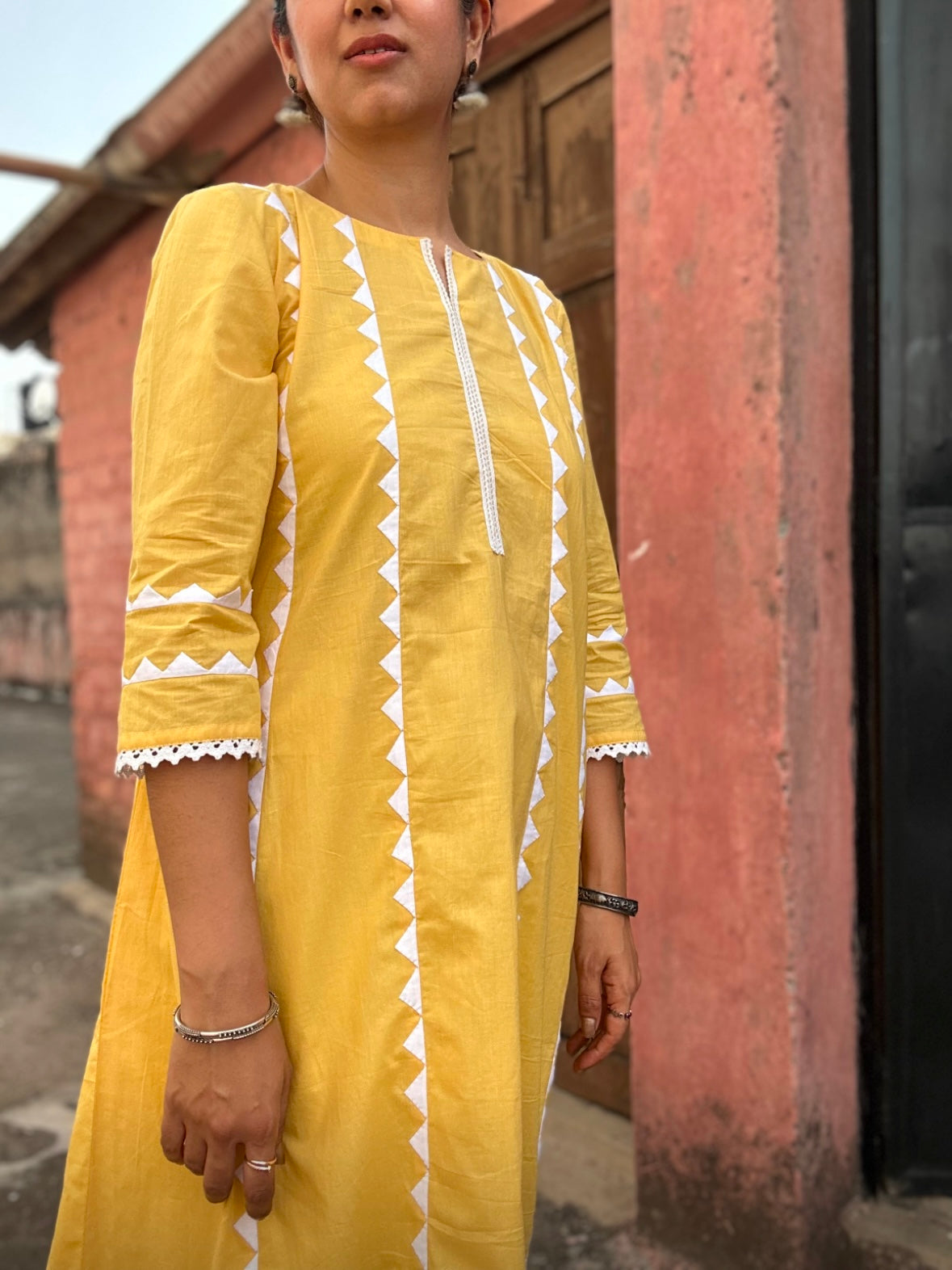 Yellow cotton kurta with hand patch work