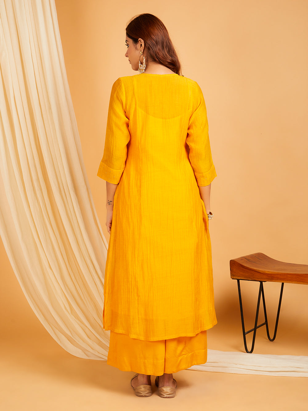 Zard mul chanderi hand embroidered kurta