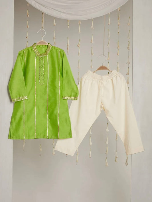 Kids Lime green gota work cotton silk kurta with pyjama