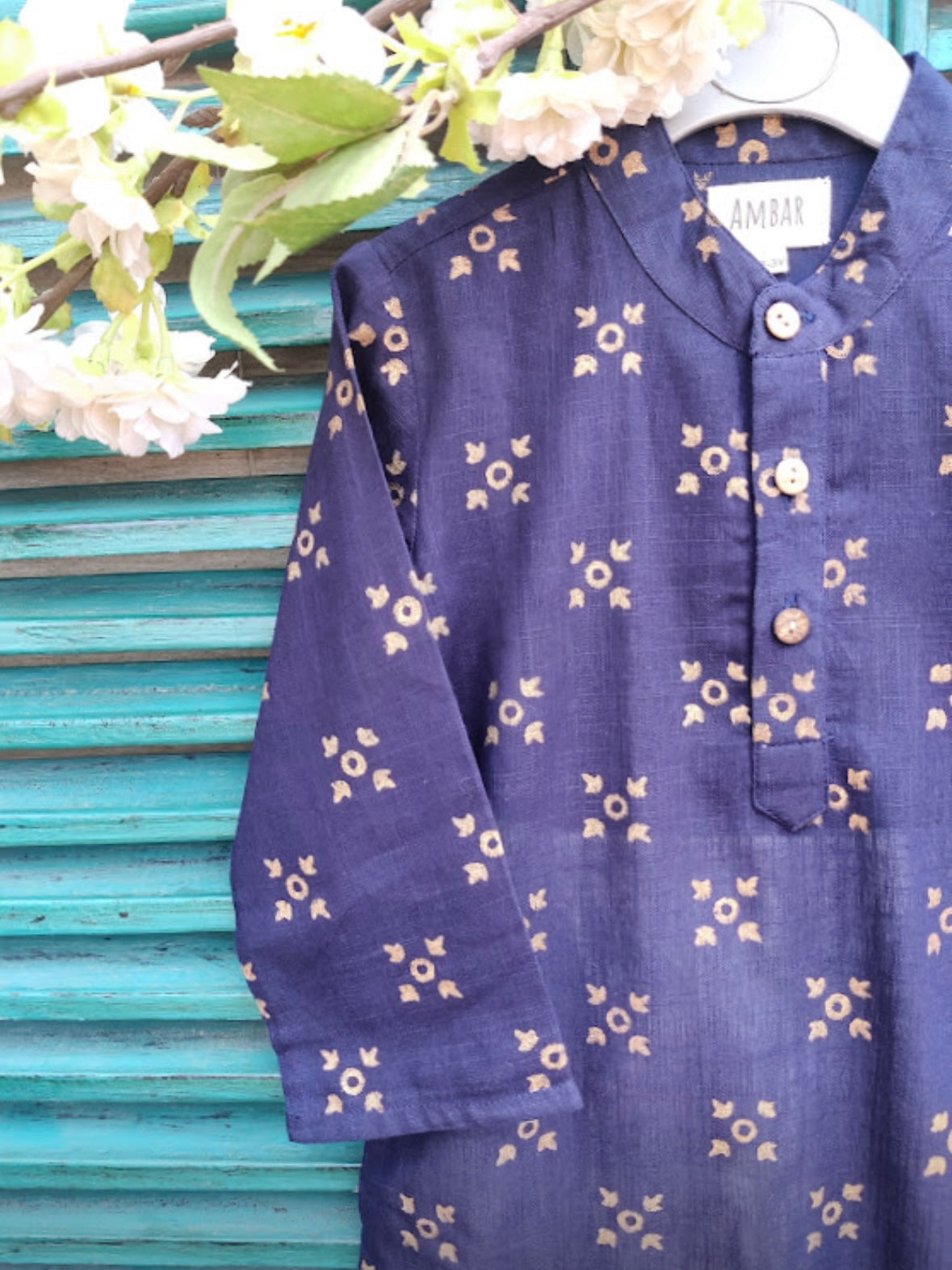 Navy blue slub handblock printed kids kurta set