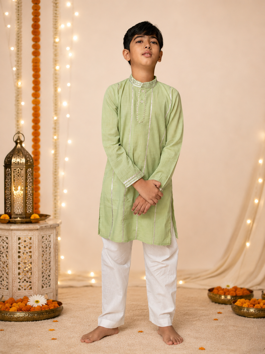 Kids green gota work cotton kurta with pyjama