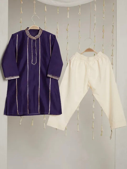 Blue gota work cotton silk kurta with pyjama