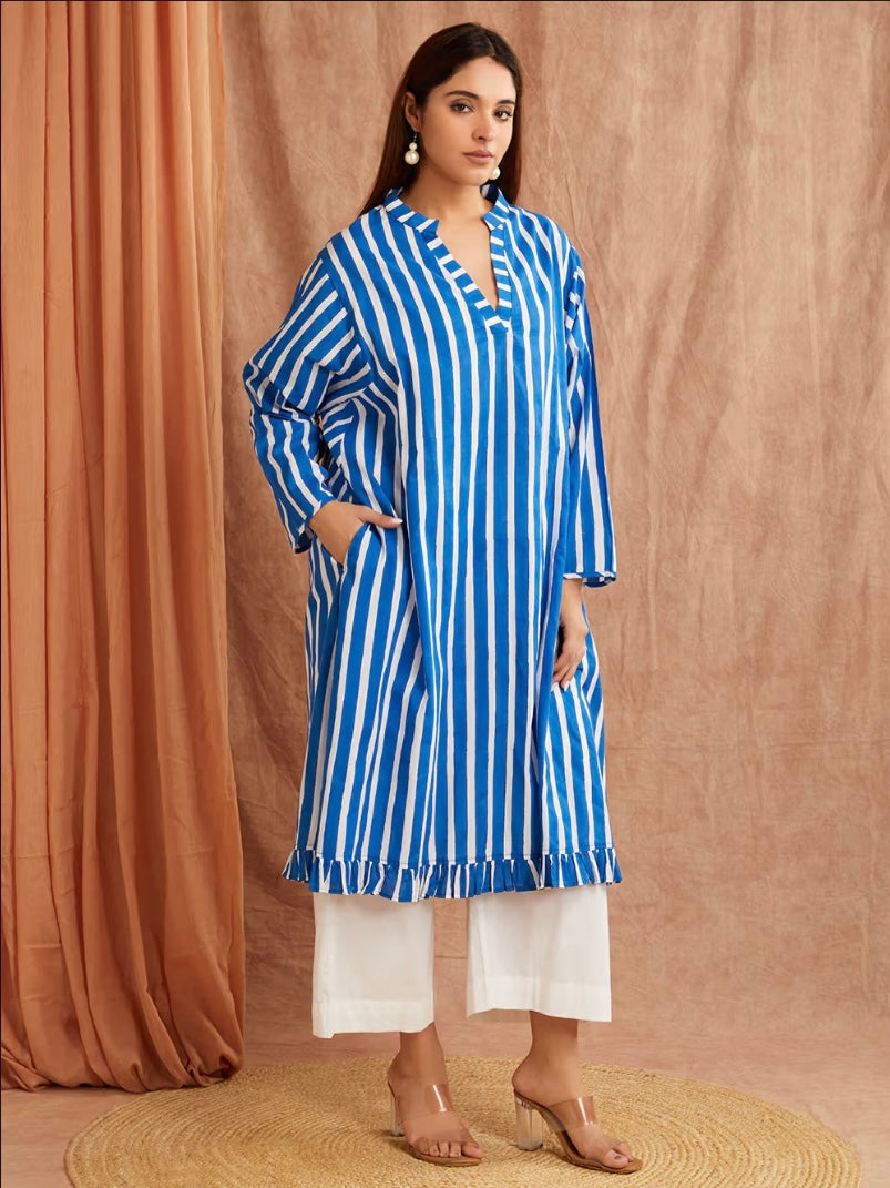 Lapis Blue Stripe Hand Block Printed Cotton Kaftan Dress with Pants