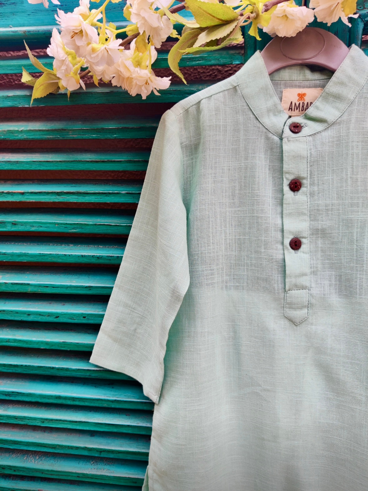 Sea green cotton slub kids kurta with light pink handblock printed jacket set