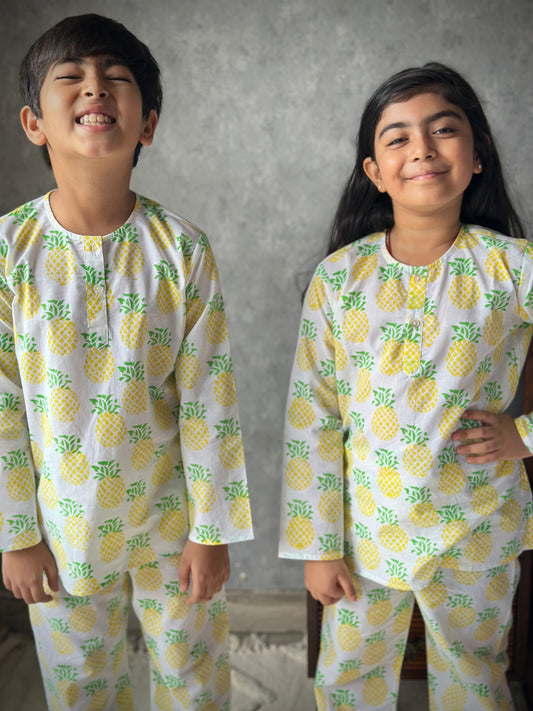 Yellow/ green pineapple print kids loungewear set