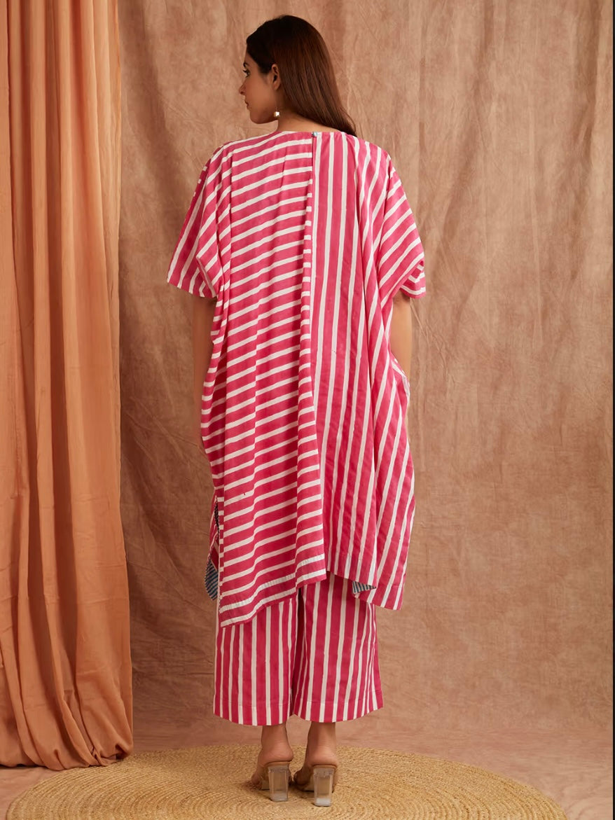 Ruby Pink Stripe Hand Block Printed Cotton Kaftan with Pants