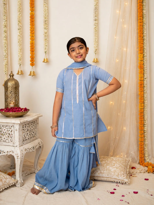 Kids gota work powder blue cotton gharara set