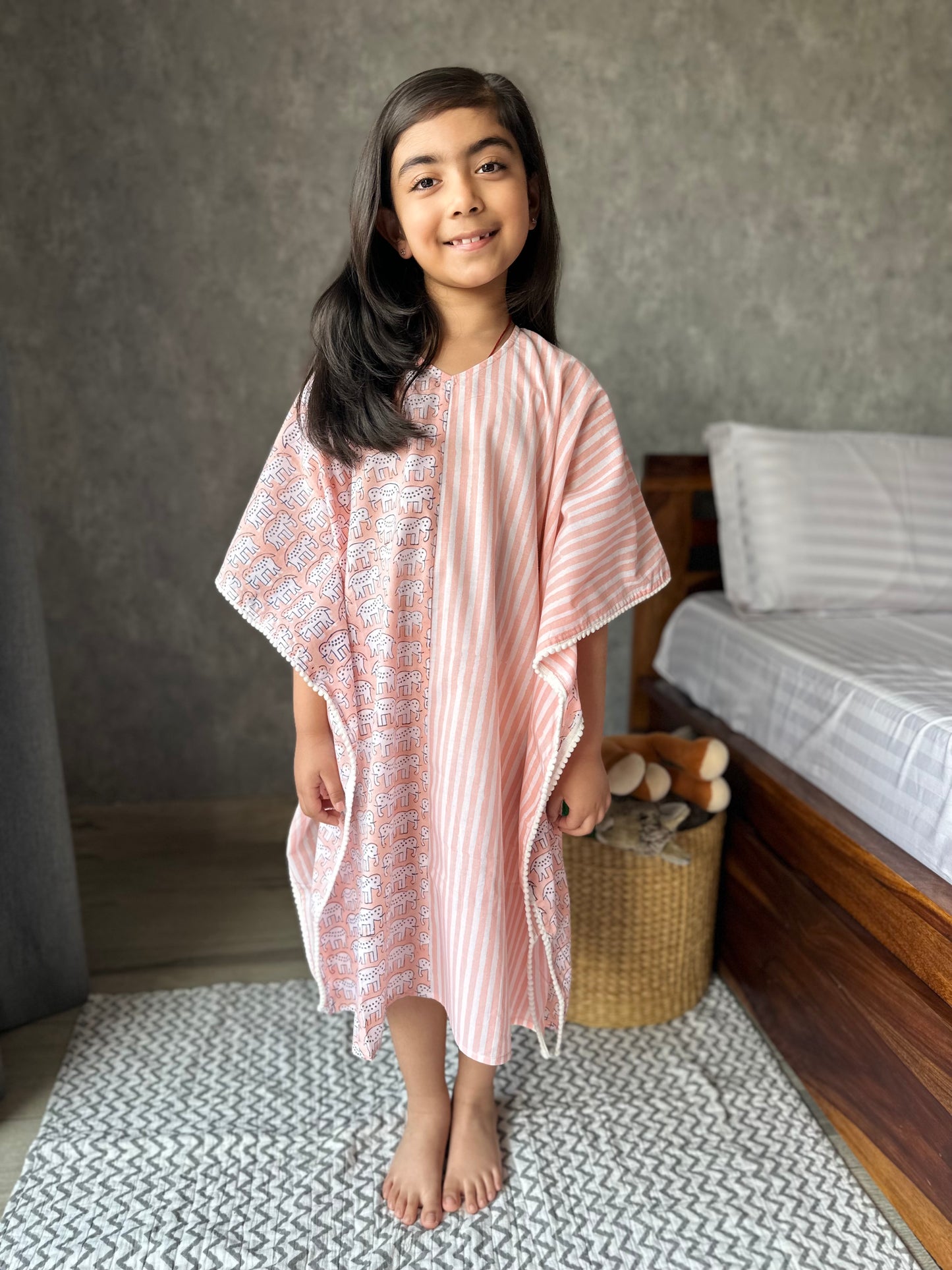 Peach haathi print kids kaftan