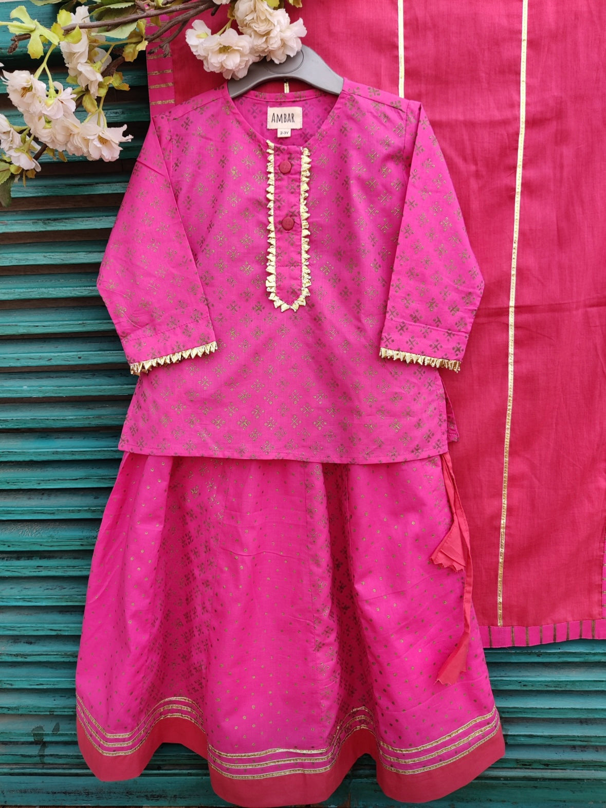 Hot pink cotton kids lehenga set with mulmul dupatta