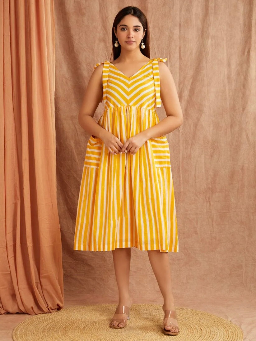 Sunshine Yellow Striped Hand Block Printed Cotton Dress