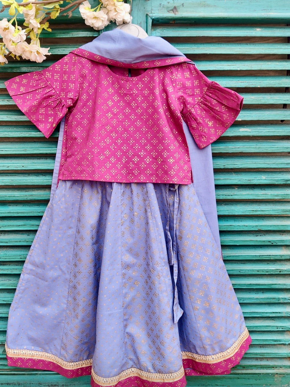 Mulberry/ dusty blue cotton handblock printed kids lehenga set with dupatta