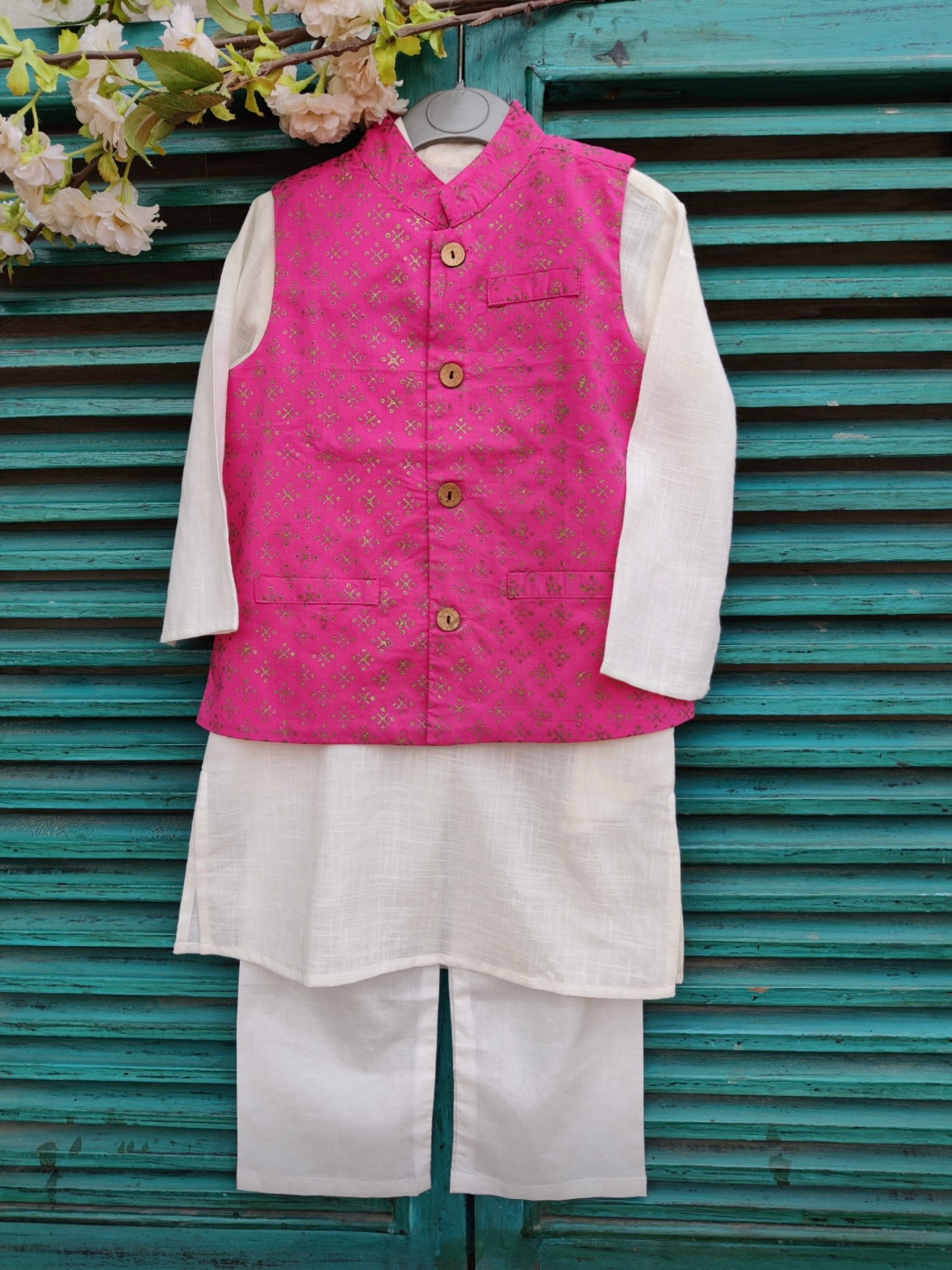 Ivory slub kids kurta with hot pink handblock printed jacket set