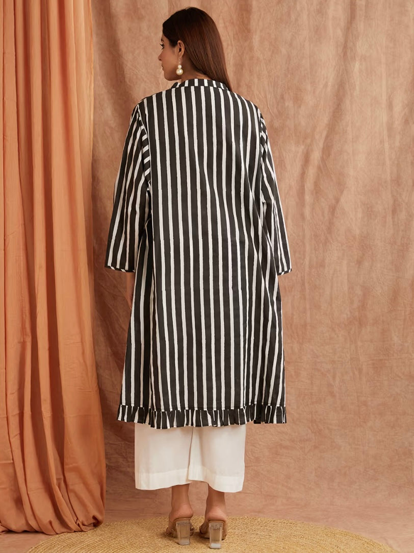 Ebony Black Stripe Hand Block Printed Cotton Kaftan Dress with Pants