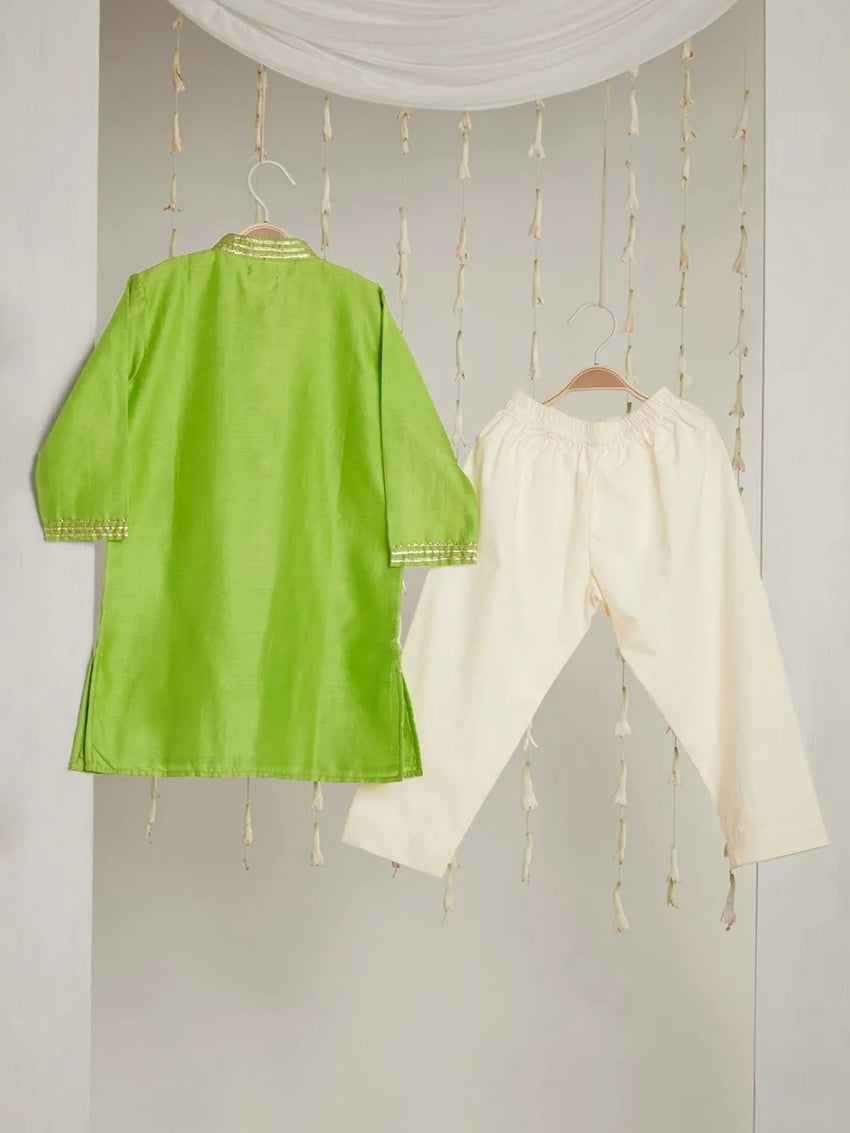 Kids Lime green gota work cotton silk kurta with pyjama