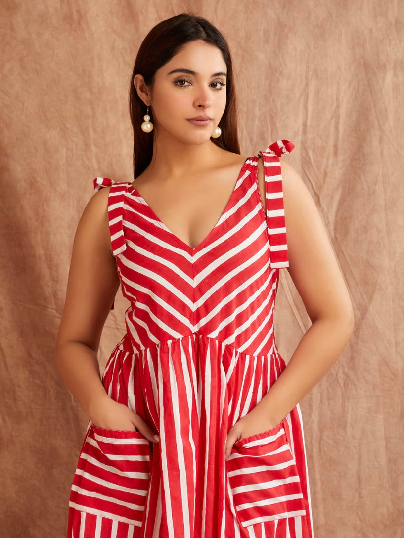 Scarlett Red Striped Hand Block Printed Cotton Dress