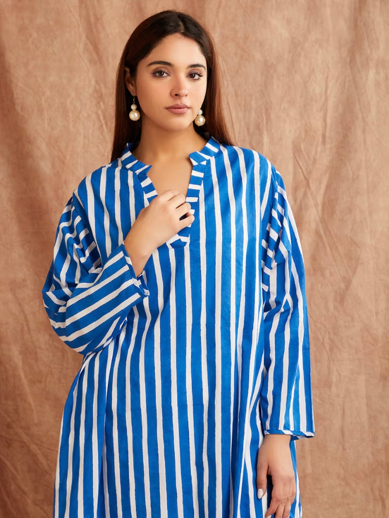 Lapis Blue Stripe Hand Block Printed Cotton Kaftan Dress with Pants