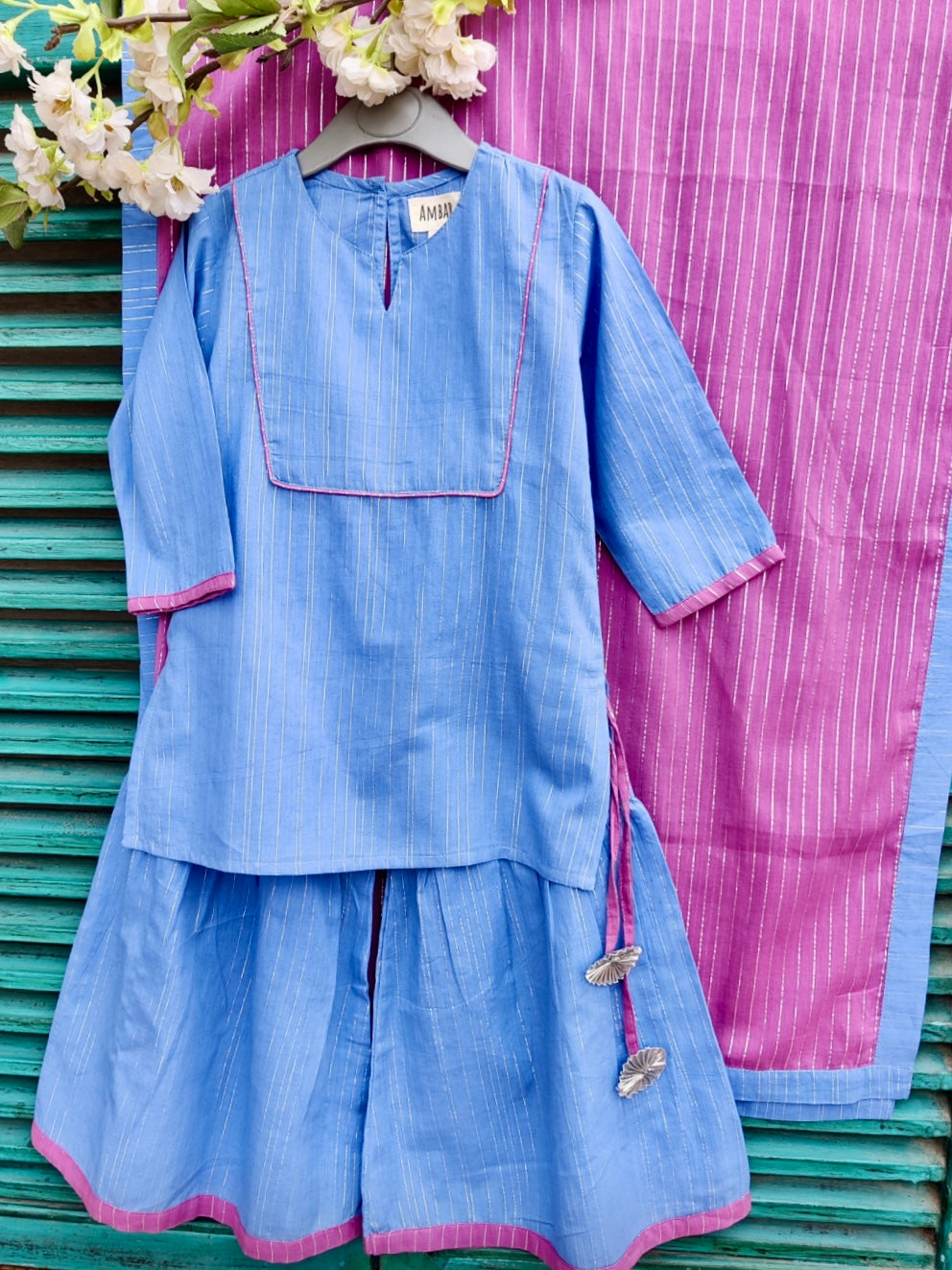 Blue cotton kids gharara set with purple dupatta