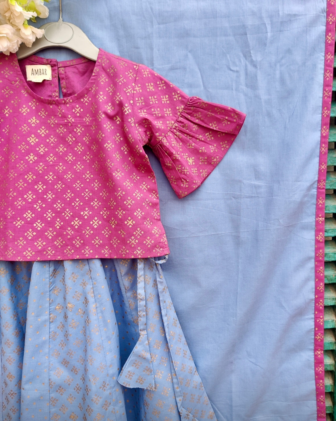 Mulberry/ dusty blue cotton handblock printed kids lehenga set with dupatta