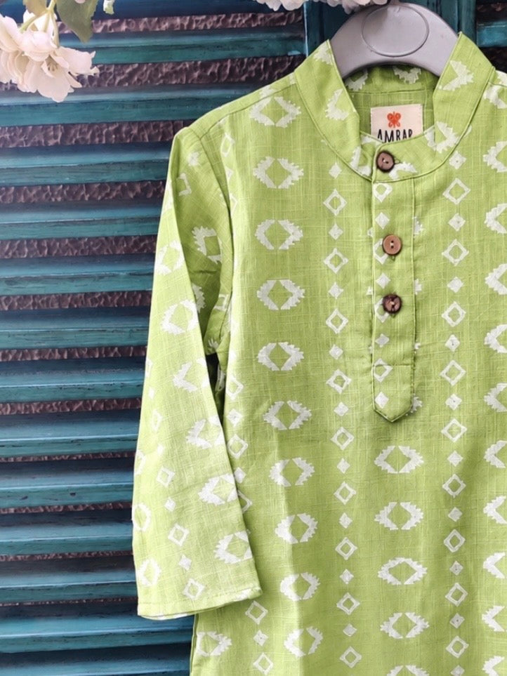 Green cotton slub handblock printed kids kurta set
