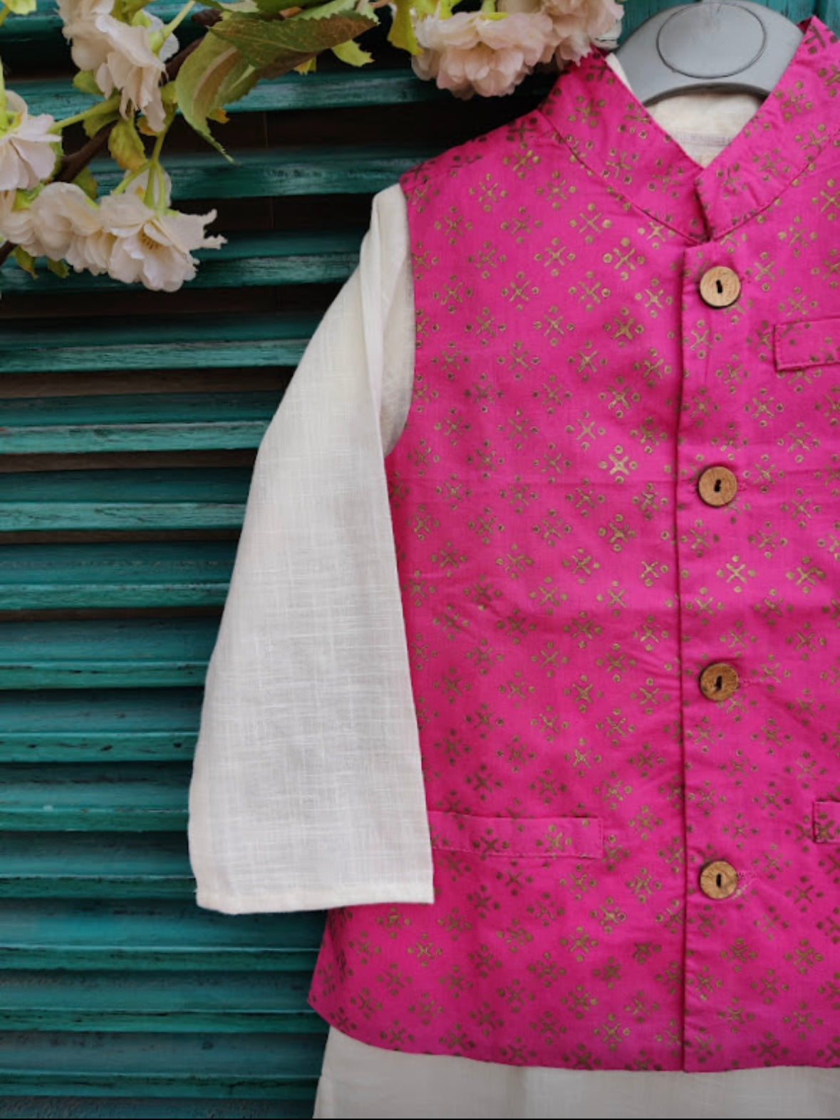 Ivory slub kids kurta with hot pink handblock printed jacket set