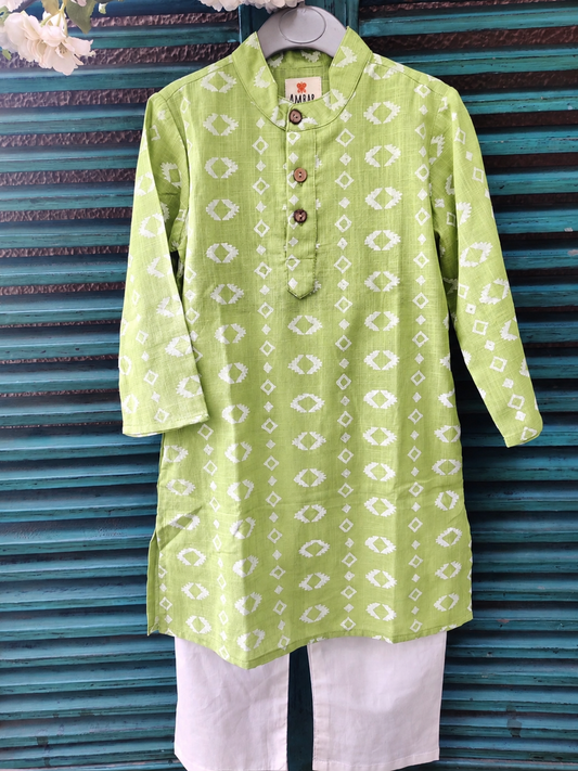 Green cotton slub handblock printed kids kurta set