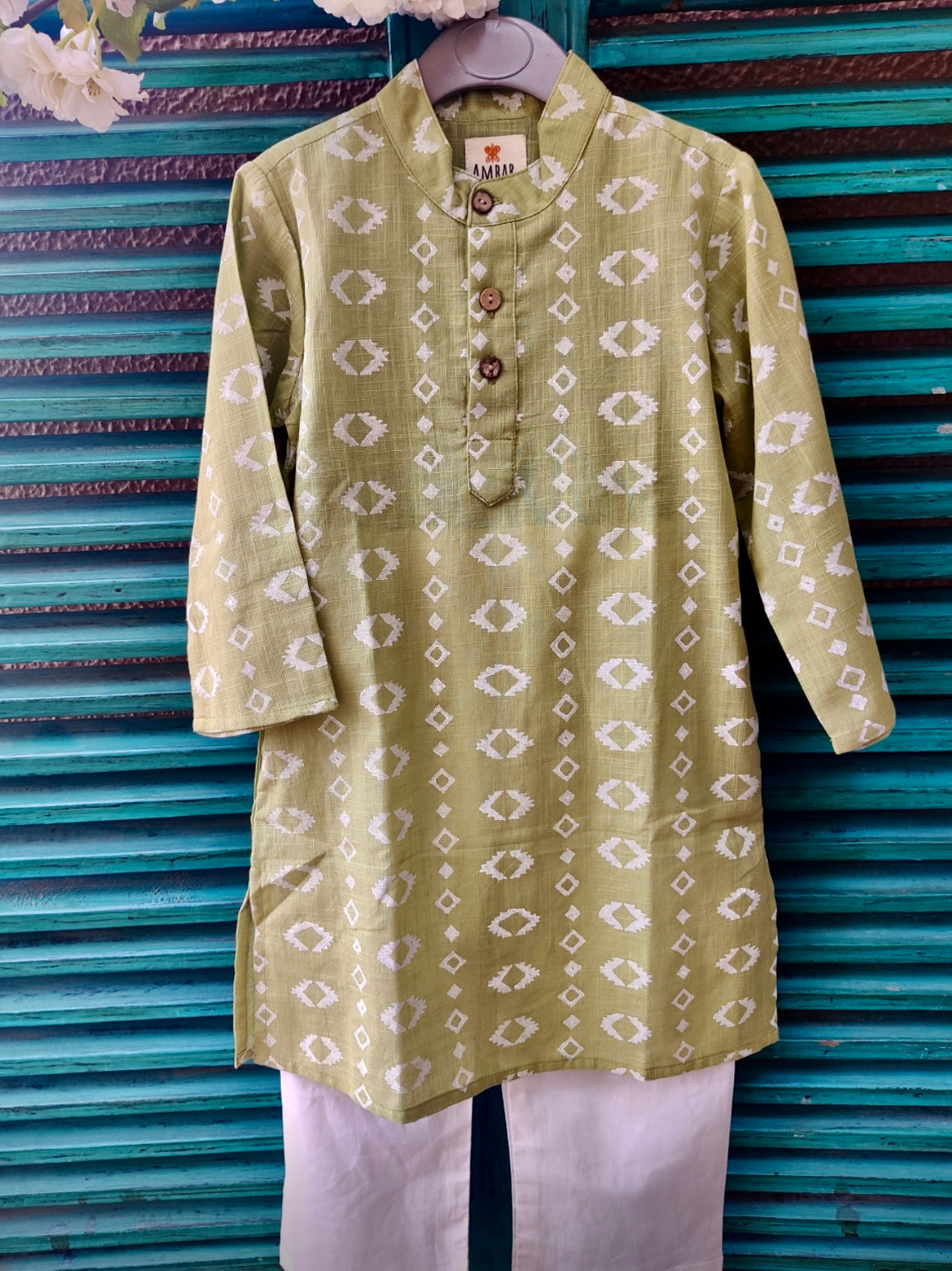 Green cotton slub handblock printed kids kurta set