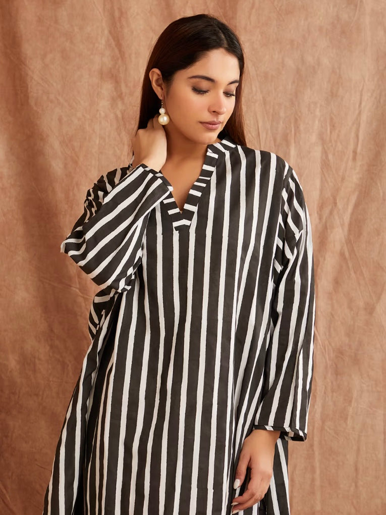 Ebony Black Stripe Hand Block Printed Cotton Kaftan Dress with Pants