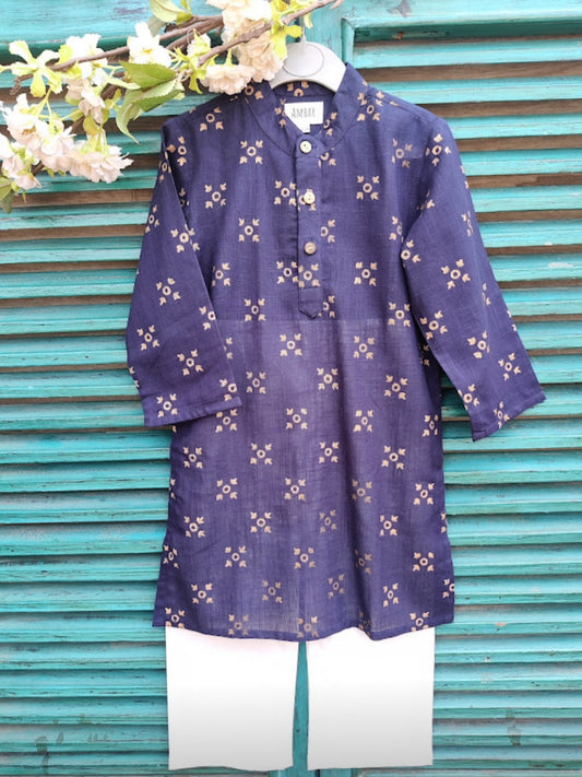 Navy blue slub handblock printed kids kurta set