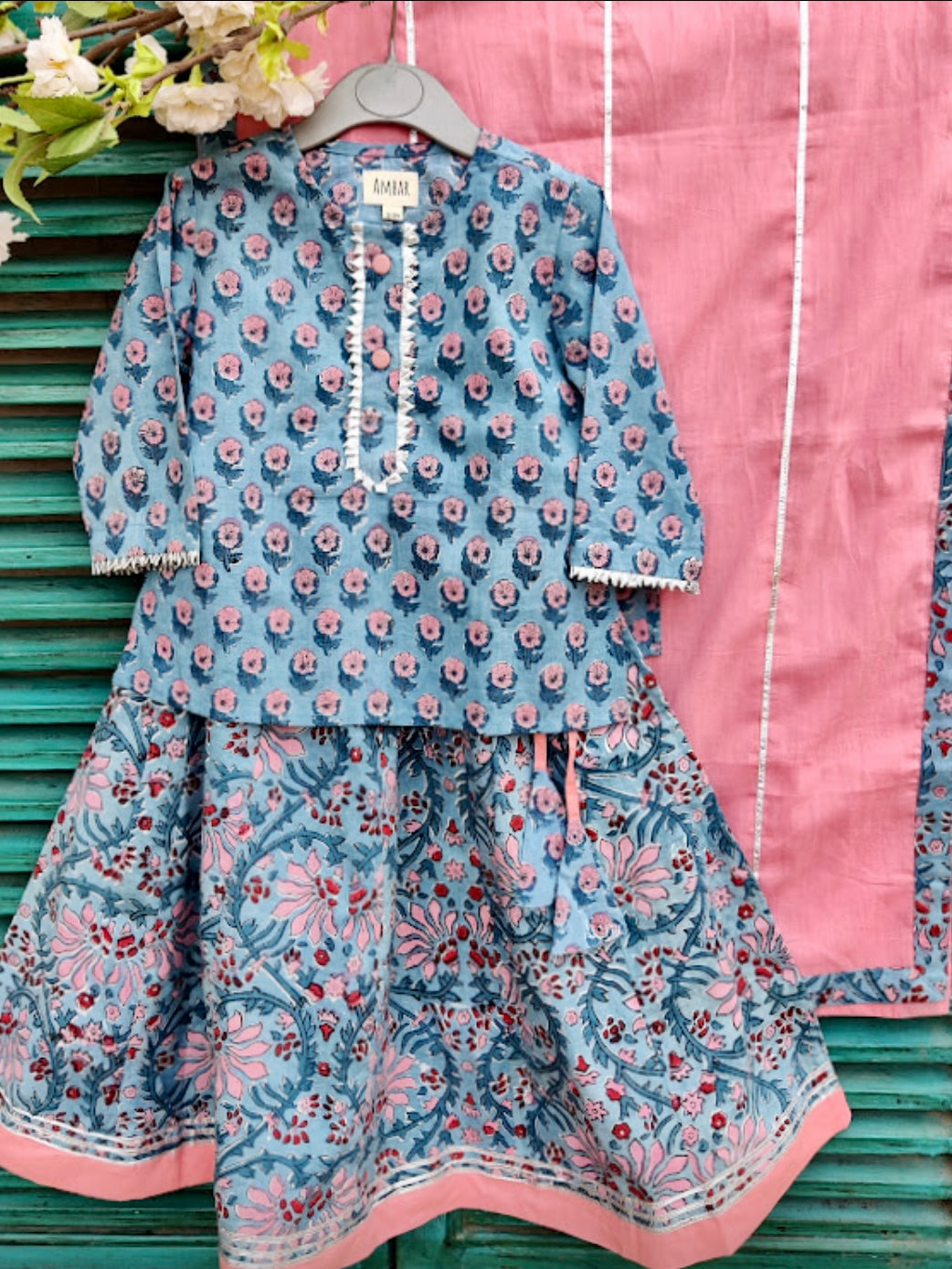 Blue/coral cotton kids lehenga set with mulmul dupatta