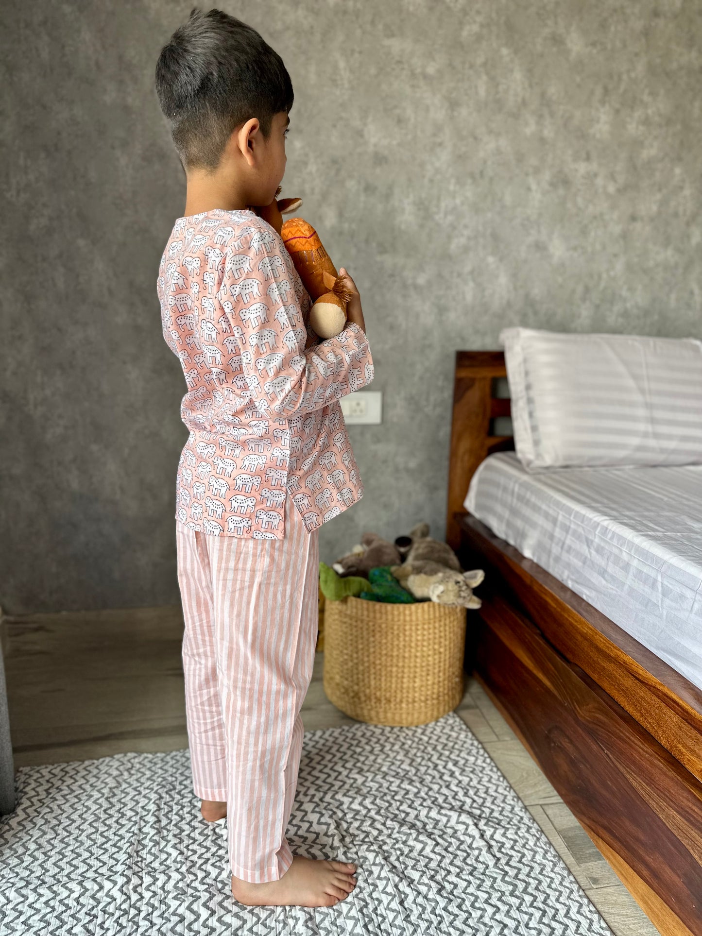 Peach haathi print kids loungewear set