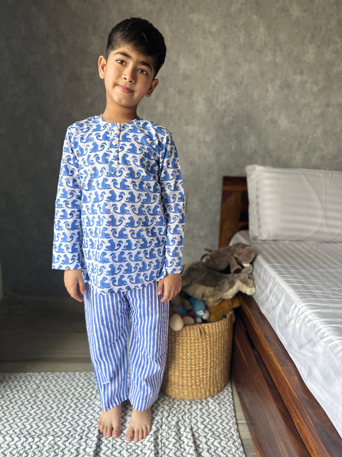 Ink blue monkey print kids loungewear set