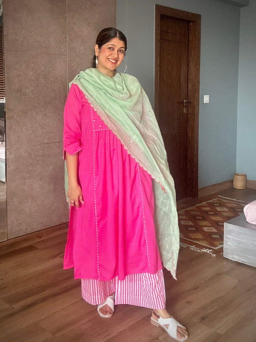 Gulabi cotton kurta set with chanderi dupatta