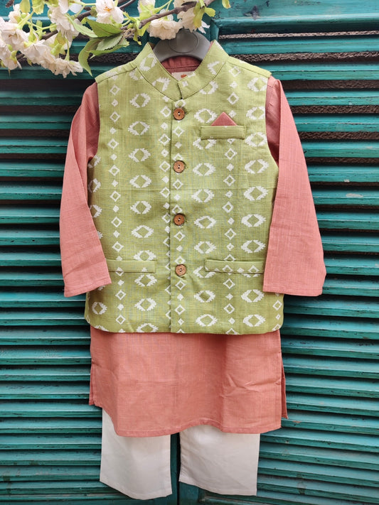 Salmon cotton slub kids kurta with green handblock printed jacket set