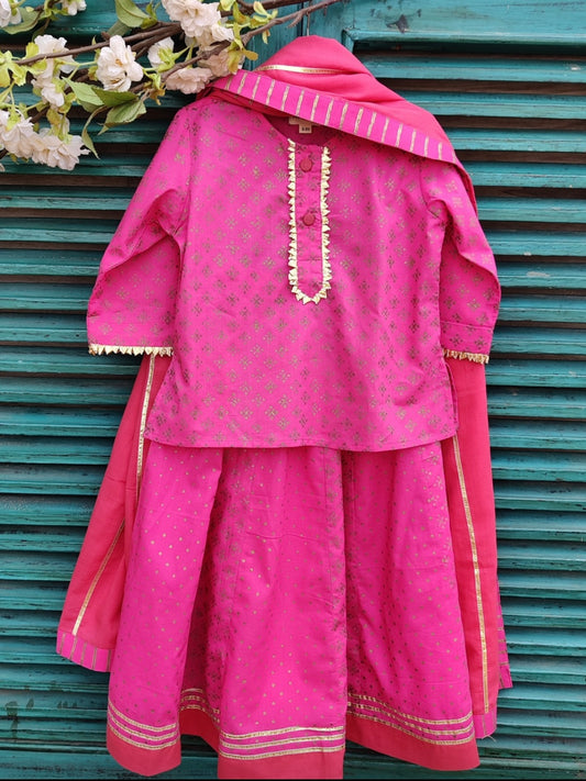 Hot pink cotton kids lehenga set with mulmul dupatta