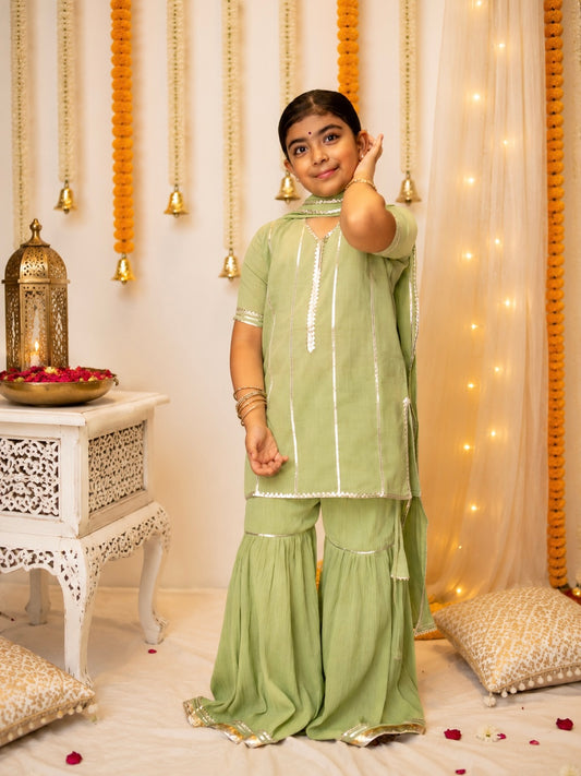 Kids gota work green cotton gharara set
