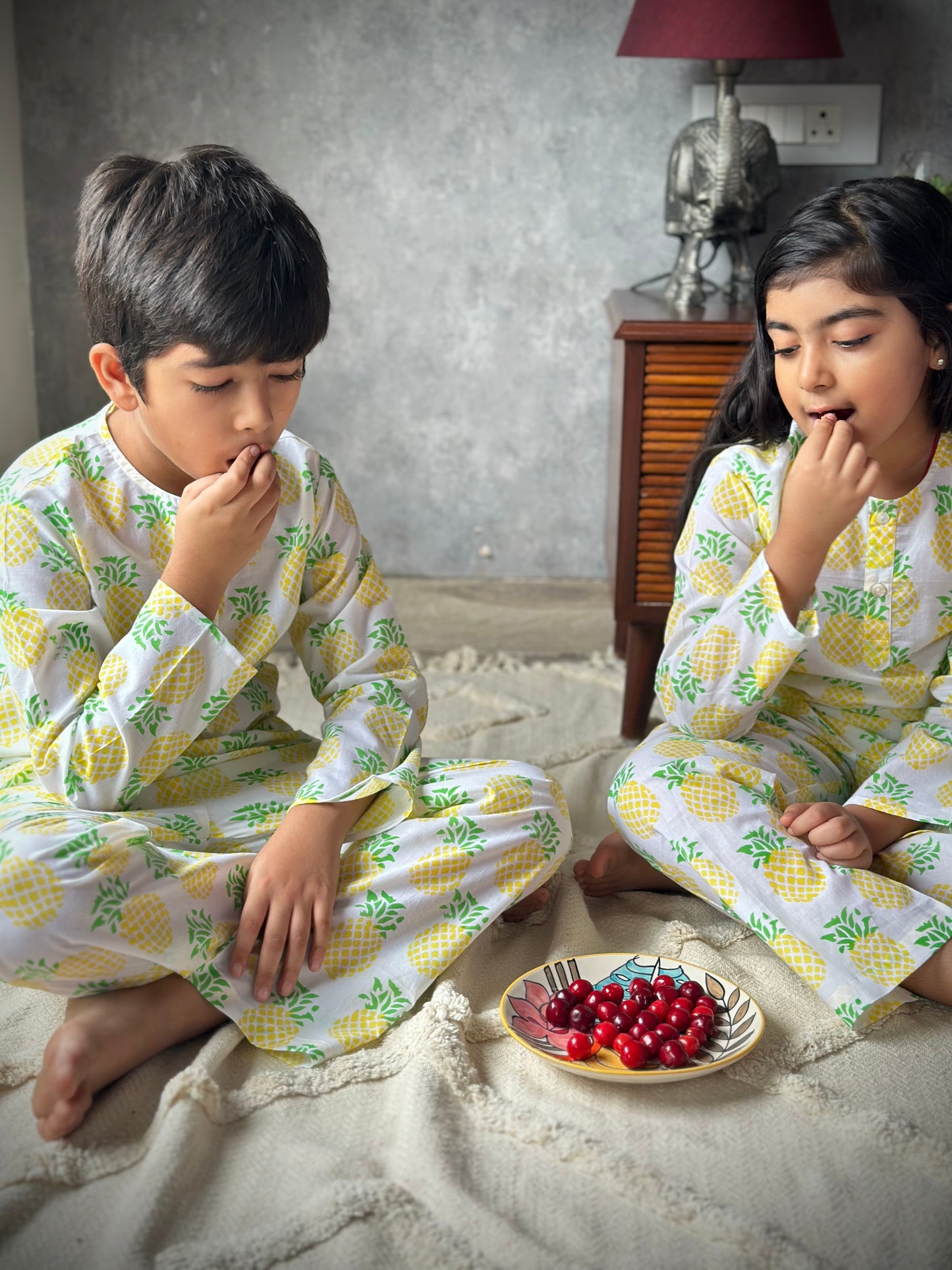 Yellow/ green pineapple print kids loungewear set